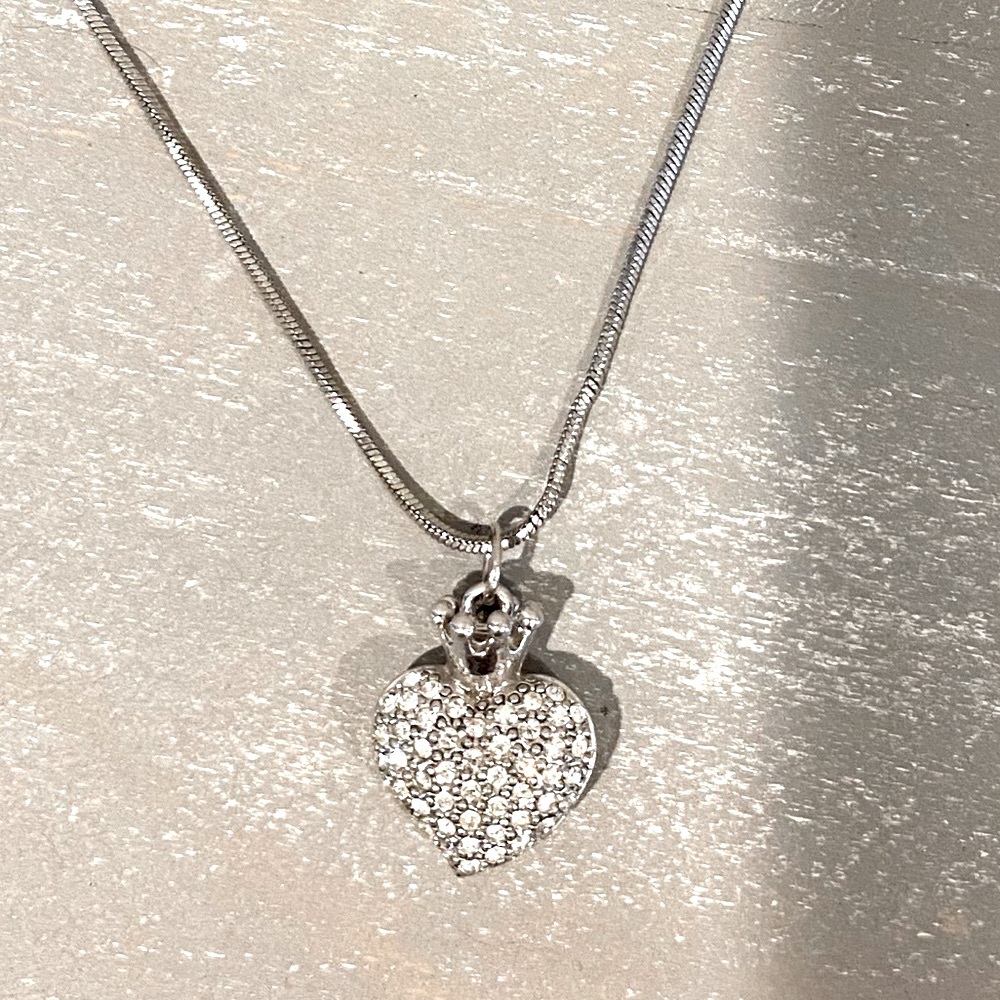 Sterling Silver Double Sided Heart Charm Necklace Rhinestones Crown